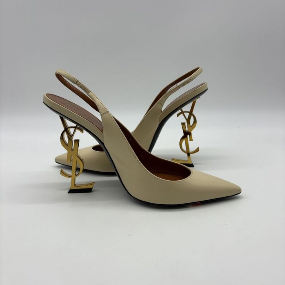Yves Saint Laurent Cream Slingback Heels with Gold Accent - Picture 5 of 10